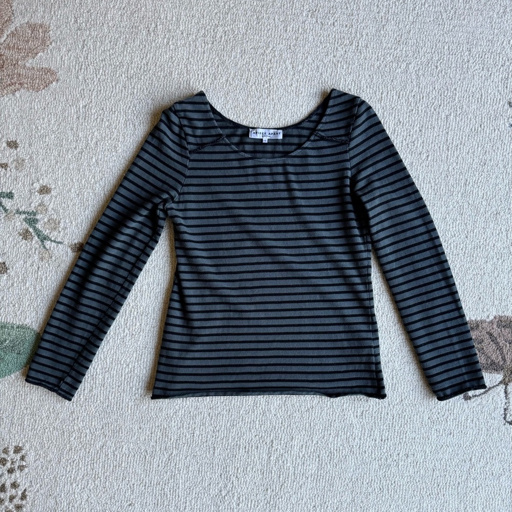 Apiece Apart Olive Green and Black long sleeve Striped Cotton Top SM Small